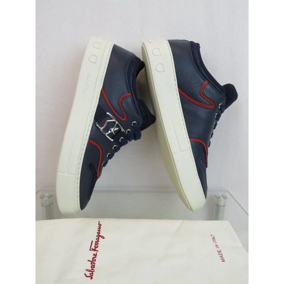 $795 FERRAGAMO NORIS NAVY LEATHER RED SUEDE SF LOGO WHITE SNEAKERS 10 M ITALY main image 11